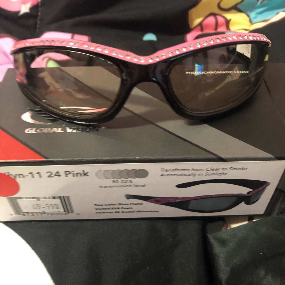 Pink and black sunglasses, great for bike riding